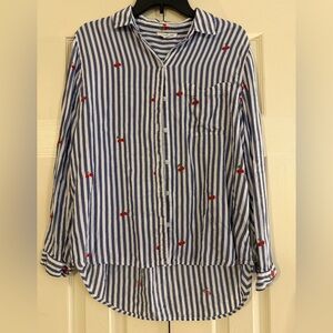 beachlunchlounge Blue and White Striped Shirt with Cherry Detail